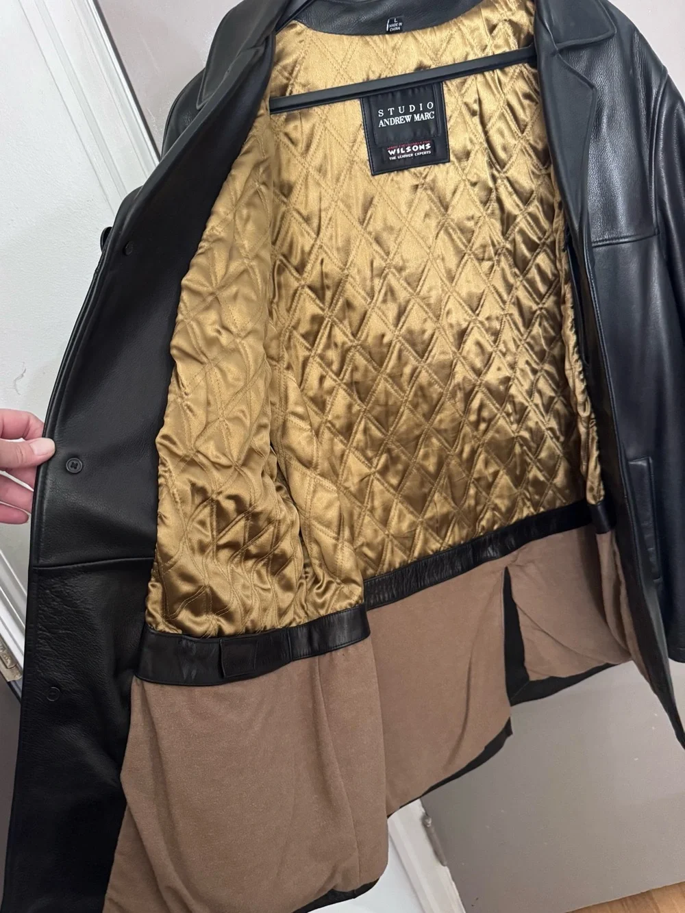 Andrew Marc Vintage Black Leather Trench Coat with Gold Quilted Lining